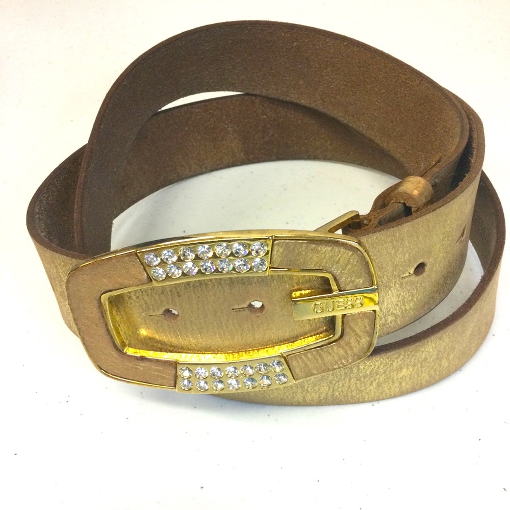 Guess Vintage Gold Leather Belt with Bling Buckle - L